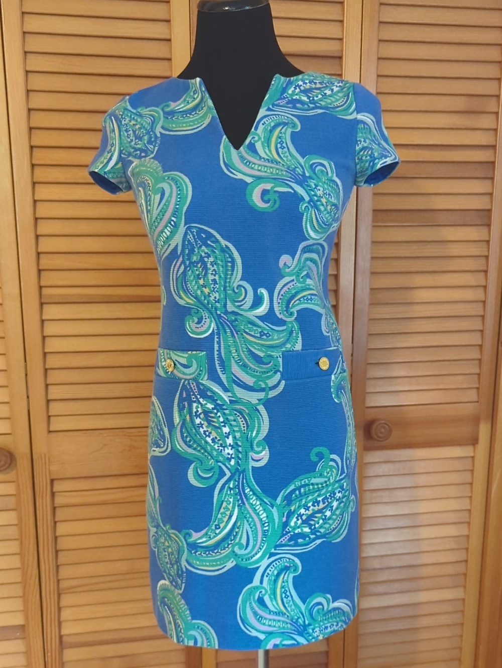 Lilly Pulitzer Blue Paisley Dress Faux Pockets Gold Buttons Back Zipper XXS